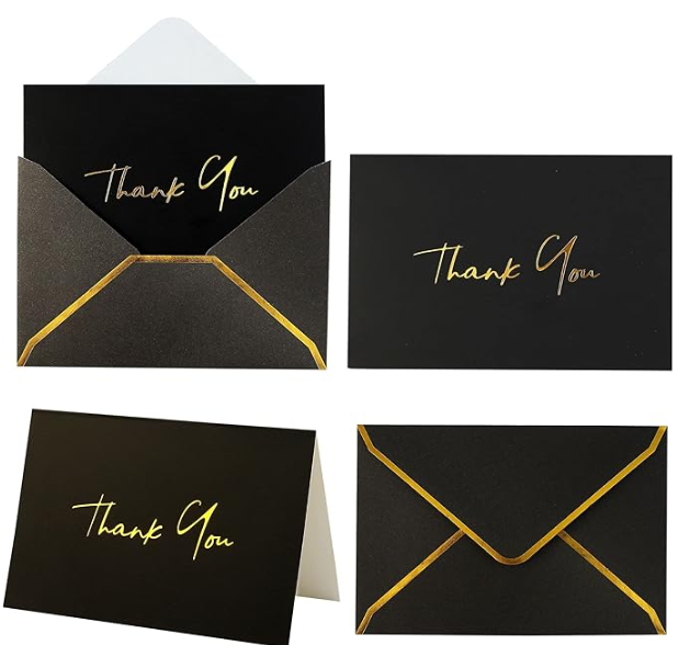 Black Thank You Card & Envelope with Gold Accent: Handwritten Note