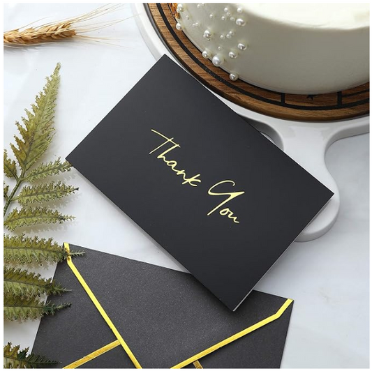 Black Thank You Card & Envelope with Gold Accent: Handwritten Note