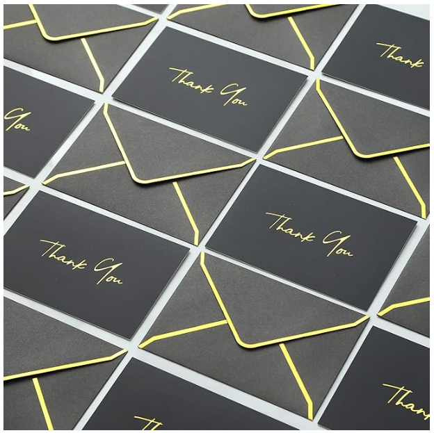 Black Thank You Card & Envelope with Gold Accent: Handwritten Note