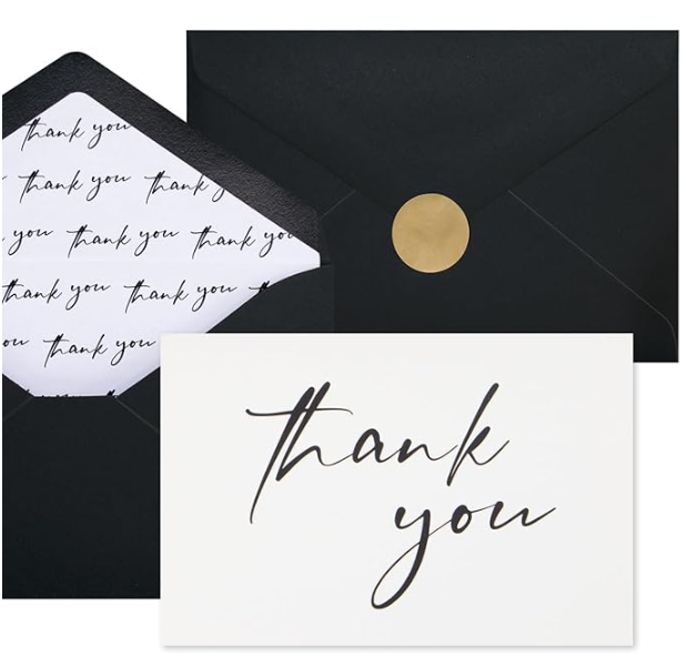 White Thank You Card & Black Envelope with printed interior: Handwritten Note