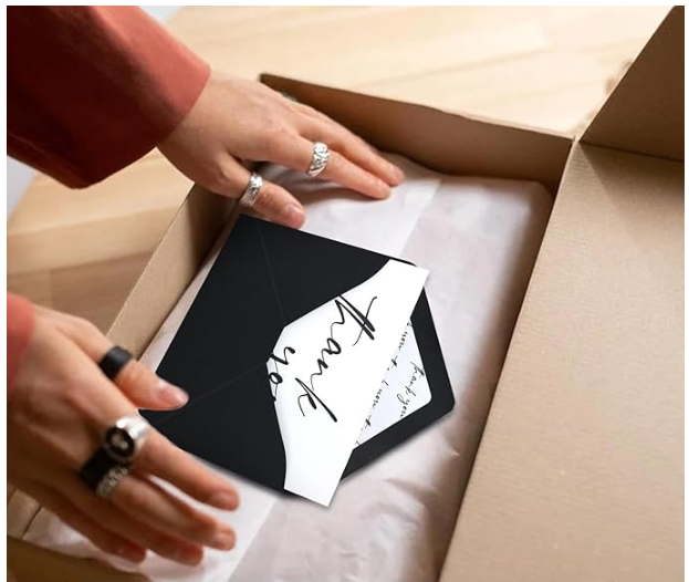 White Thank You Card & Black Envelope with printed interior: Handwritten Note