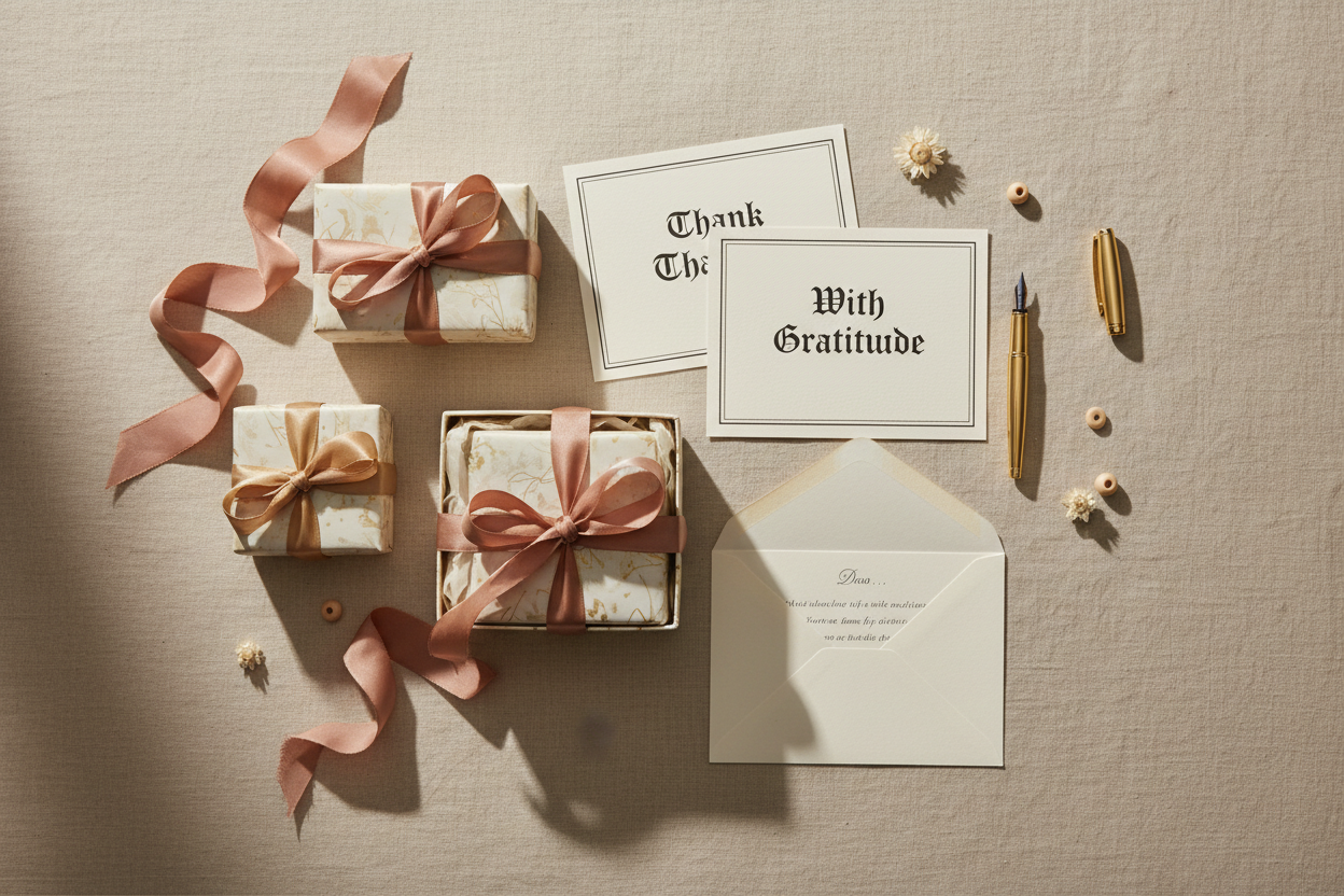 gift boxes, thank you cards a and a letter/envelope